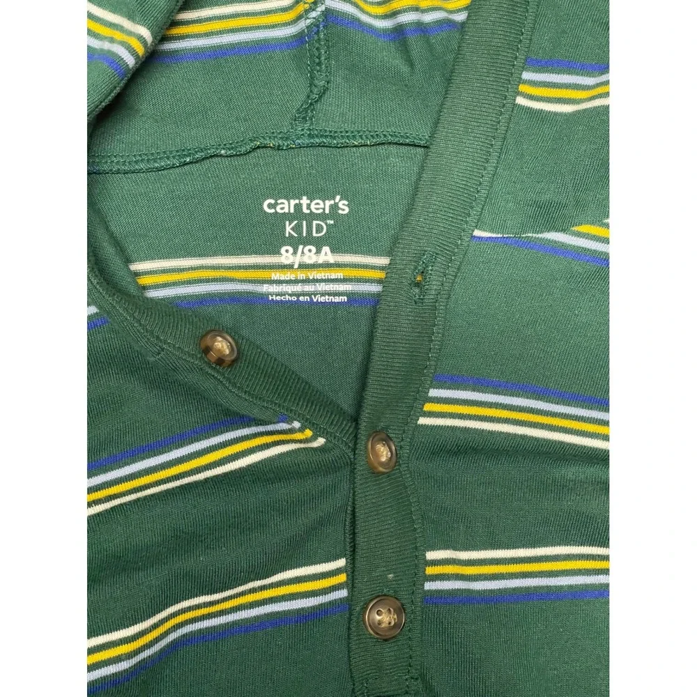 Carters Kid Boys Green Striped Hooded Henley Long Sleeve Shirt Size 8 8A Cotton